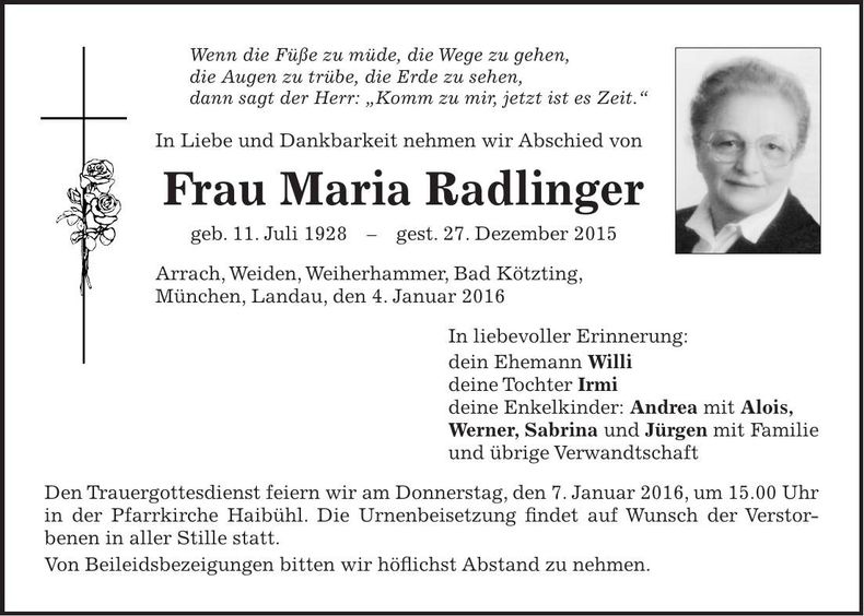Traueranzeige Maria Radlinger
