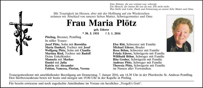 Traueranzeige Maria Plötz