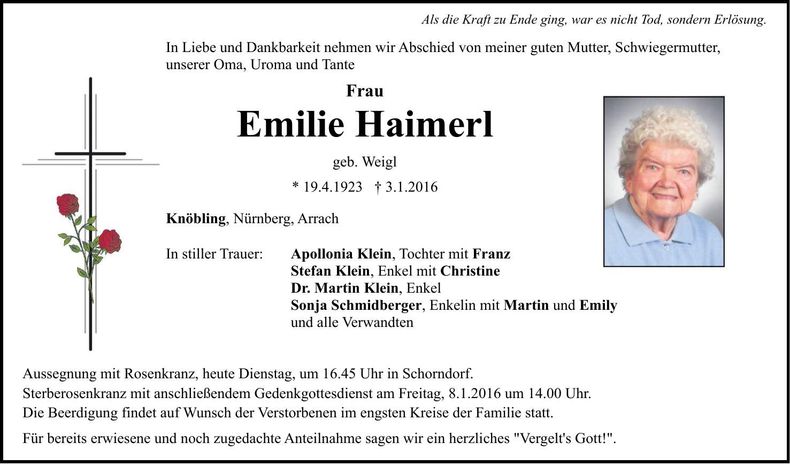 Traueranzeige Emilie Haimerl