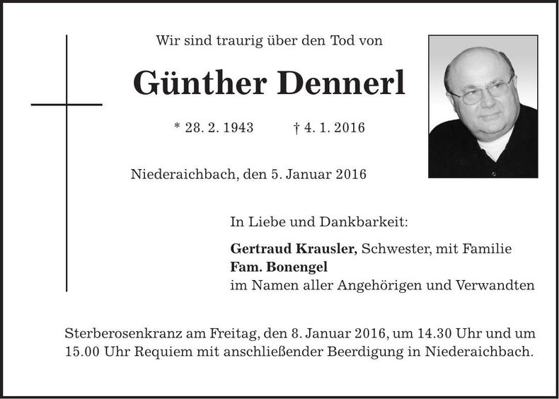 Traueranzeige Günther Dennerl