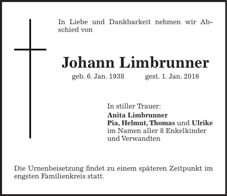 Traueranzeige Johann Limbrunner