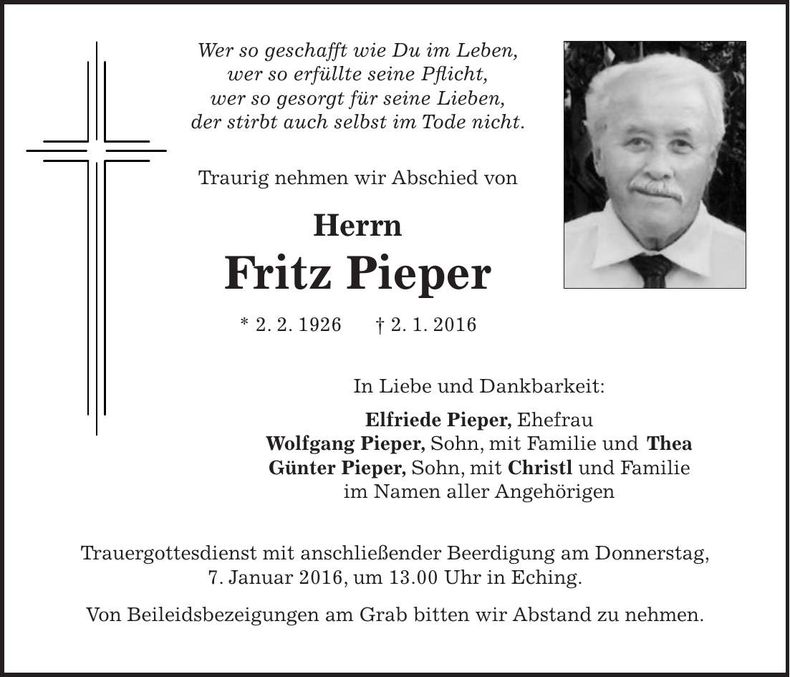 Traueranzeige Fritz Pieper