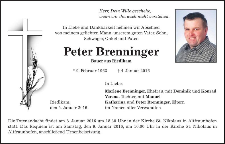 Traueranzeige Peter Brenninger