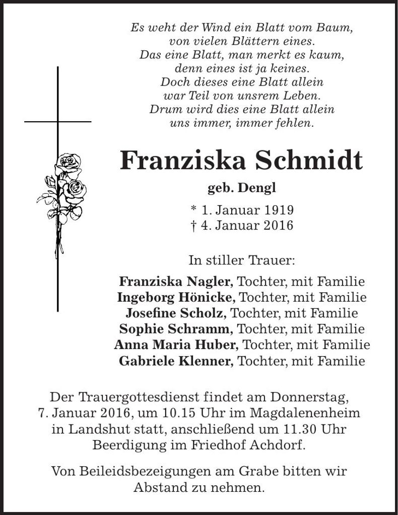 Traueranzeige Franziska Schmidt