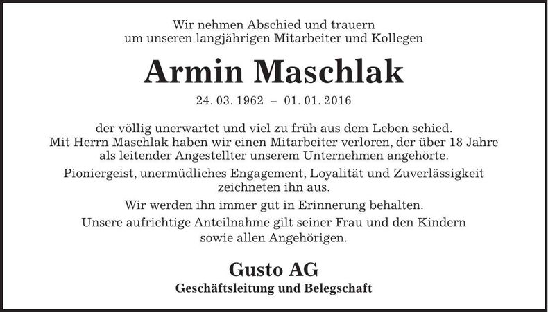 Traueranzeige Armin Maschlak