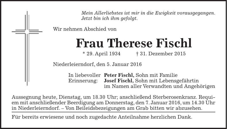 Traueranzeige Therese Fischl