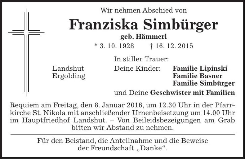 Traueranzeige Franziska Simbürger