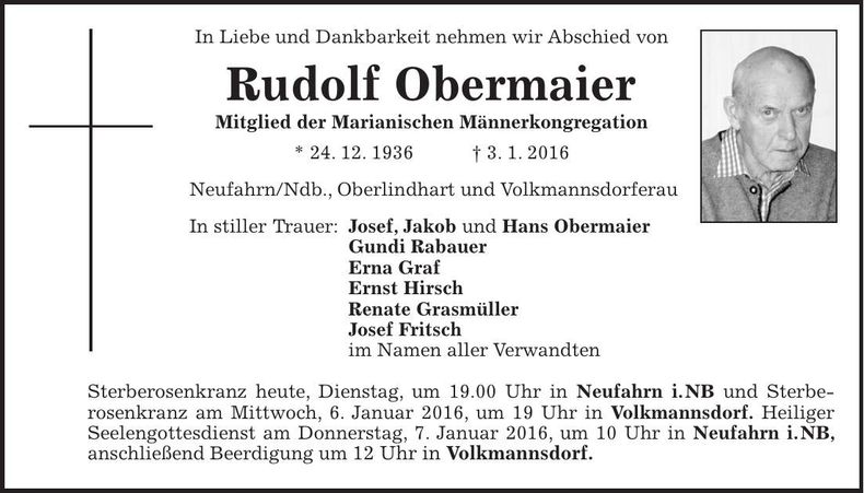 Traueranzeige Rudolf Obermaier