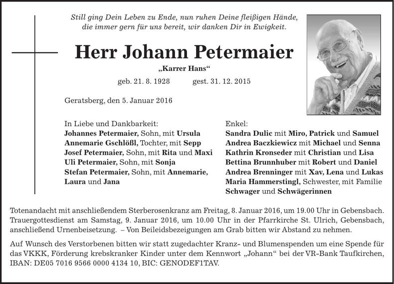 Traueranzeige Johann Petermaier