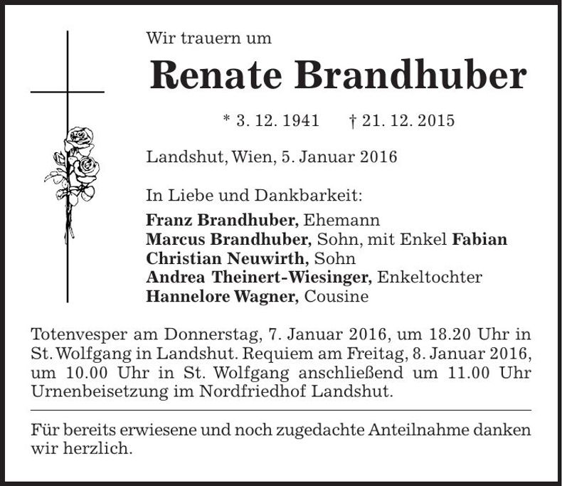 Traueranzeige Renate Brandhuber