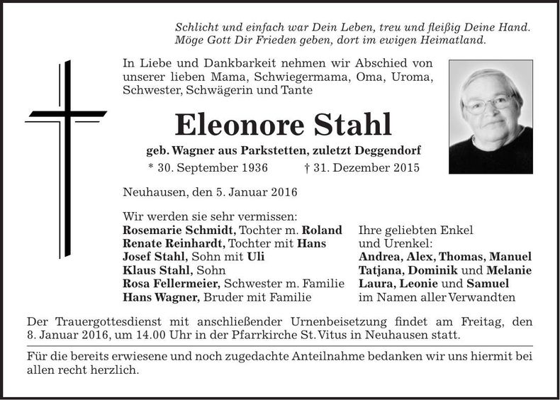 Traueranzeige Eleonore Stahl