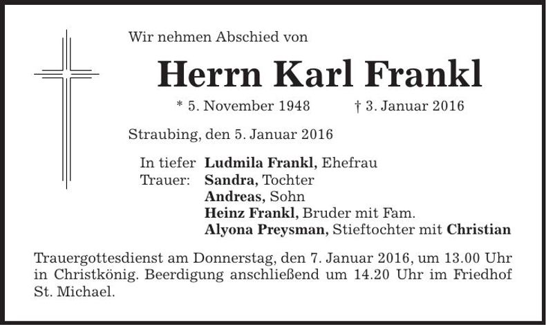 Traueranzeige Karl Frankl