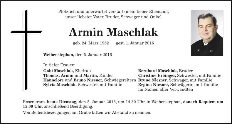 Traueranzeige Armin Maschlak