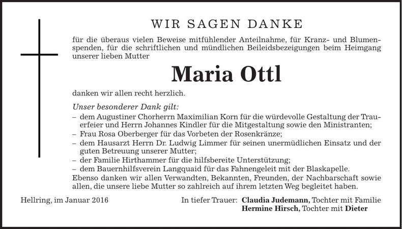 Traueranzeige Maria Ottl
