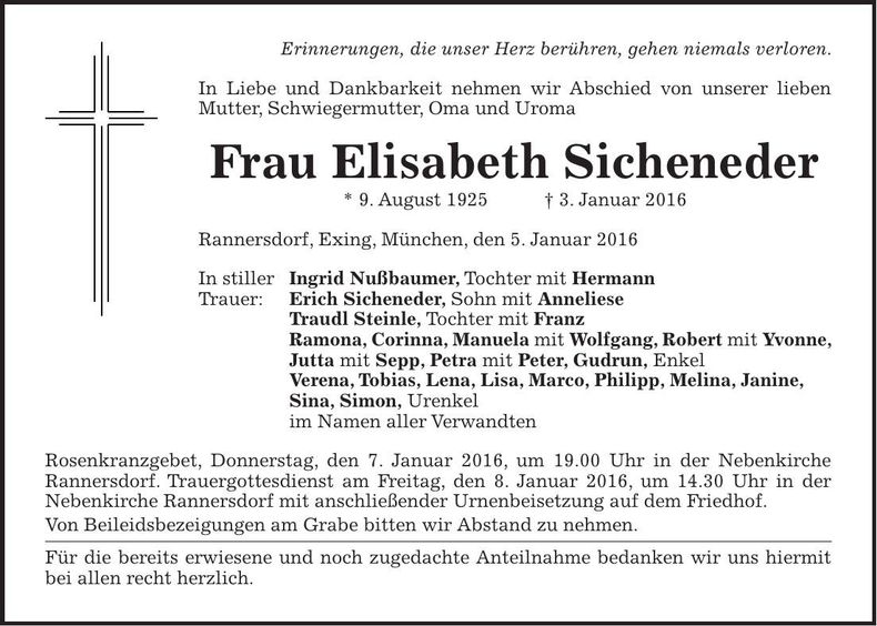 Traueranzeige Elisabeth Sicheneder