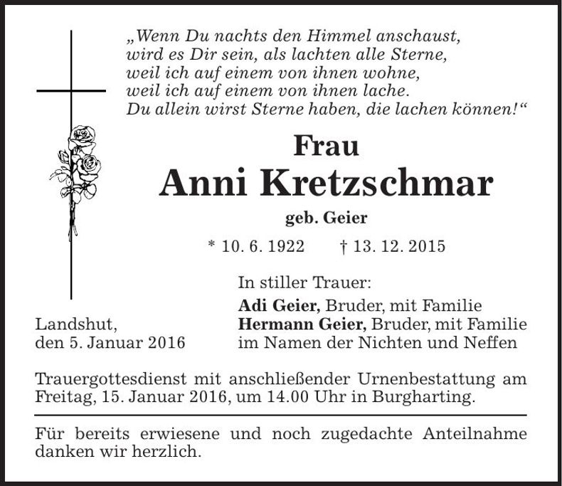 Traueranzeige Anni Kretzschmar