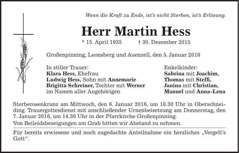 Traueranzeige Martin Hess
