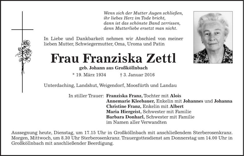 Traueranzeige Franziska Zettl