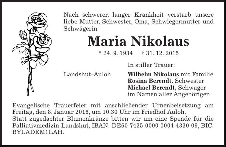 Traueranzeige Maria Nikolaus