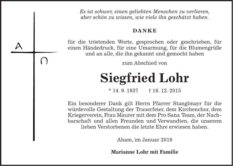 Traueranzeige Siegfried Lohr