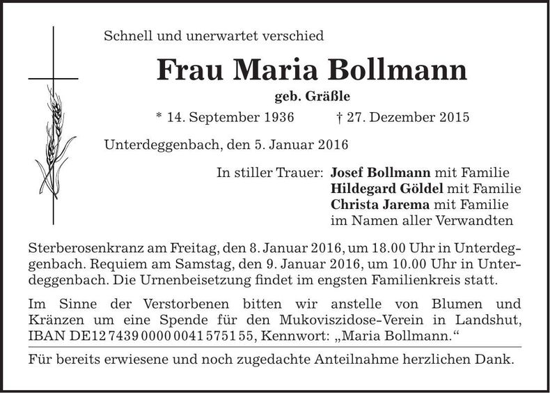Traueranzeige Maria Bollmann
