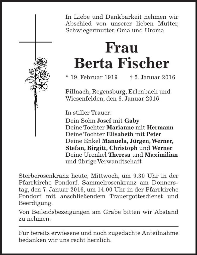 Traueranzeige Berta Fischer