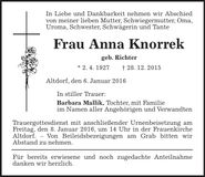 Traueranzeige Anna Knorrek