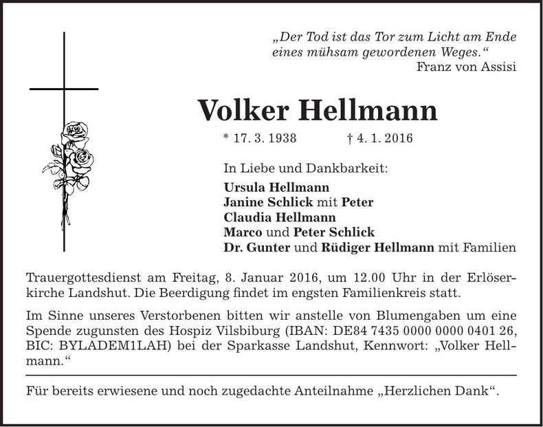 Traueranzeige Volker Hellmann