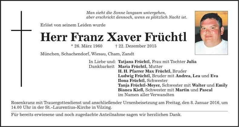 Traueranzeige Franz Xaver Früchtl