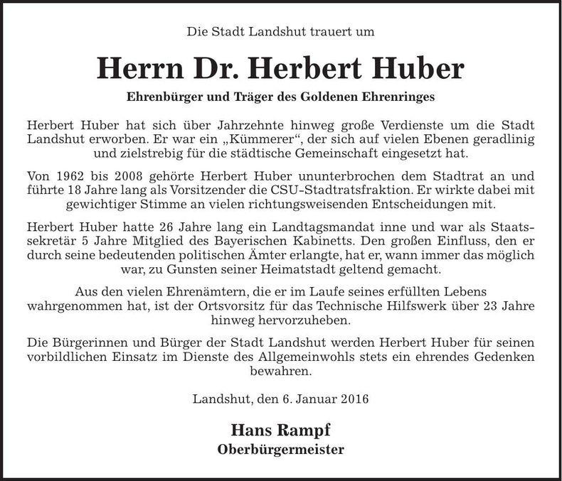 Traueranzeige Herbert Huber