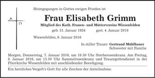 Traueranzeige Elisabeth Grimm