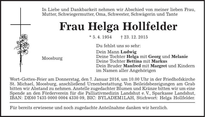 Traueranzeige Helga Hollfelder