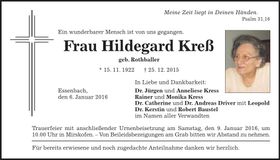 Traueranzeige Hildegard Kreß