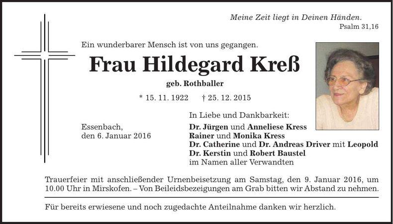 Traueranzeige Hildegard Kreß