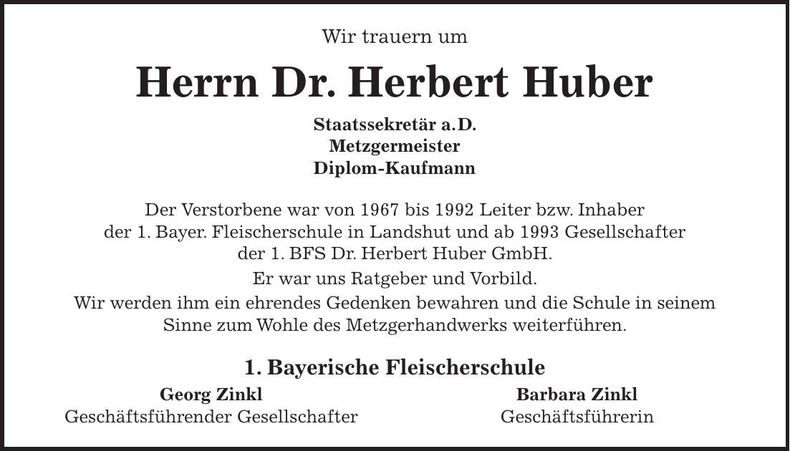 Traueranzeige Herbert Huber