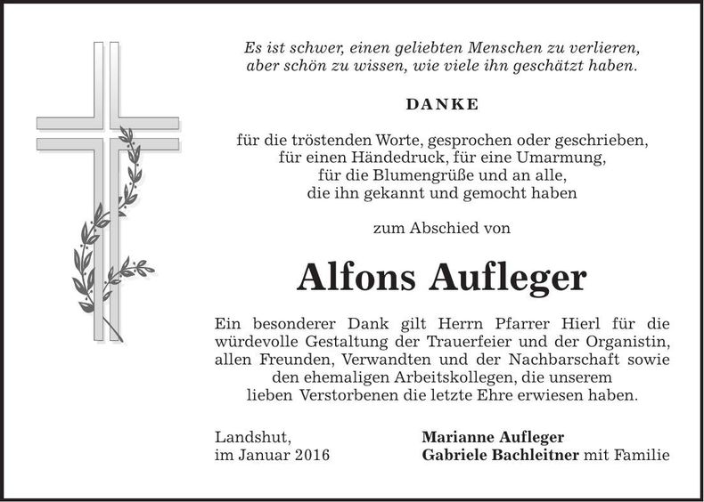 Traueranzeige Alfons Aufleger