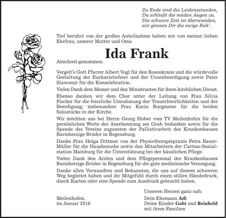 Traueranzeige Ida Frank