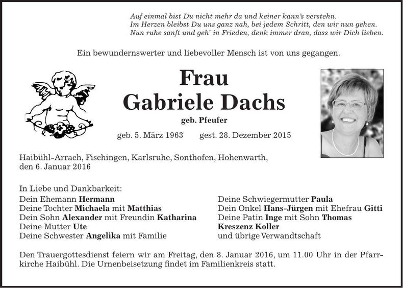 Traueranzeige Gabriele Dachs