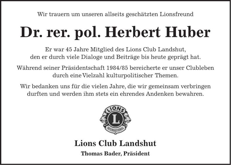 Traueranzeige Herbert Huber