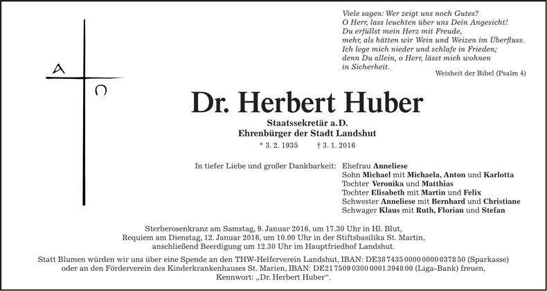 Traueranzeige Herbert Huber