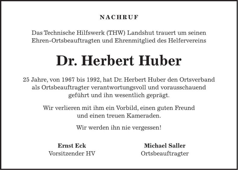 Traueranzeige Herbert Huber