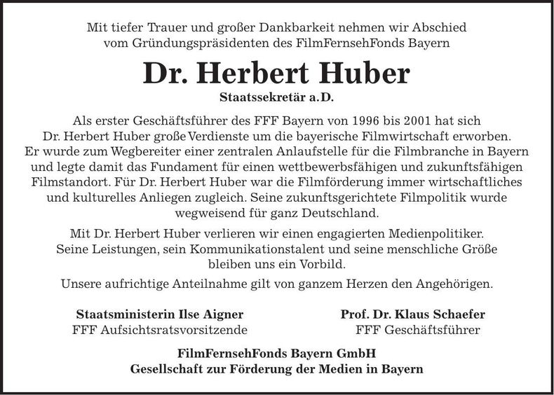 Traueranzeige Herbert Huber
