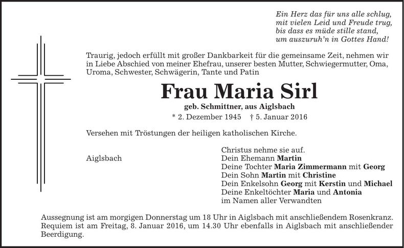 Traueranzeige Maria Sirl