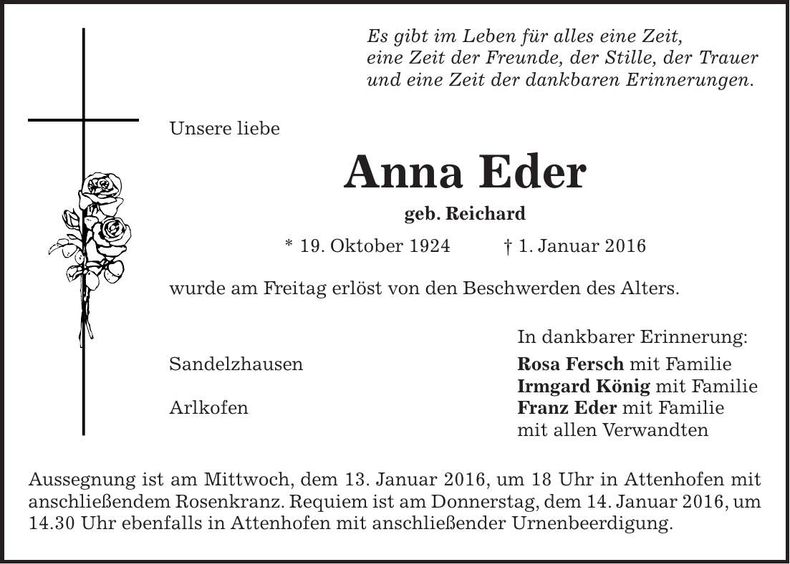 Traueranzeige Anna Eder