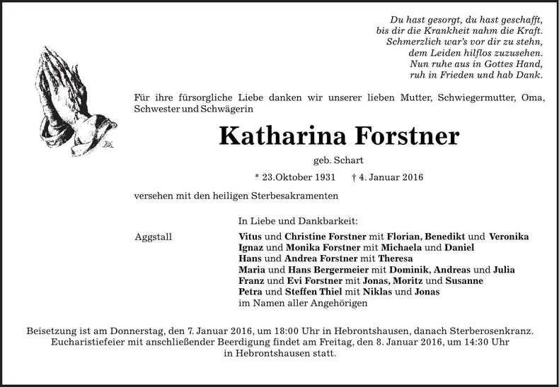 Traueranzeige Katharina Forstner