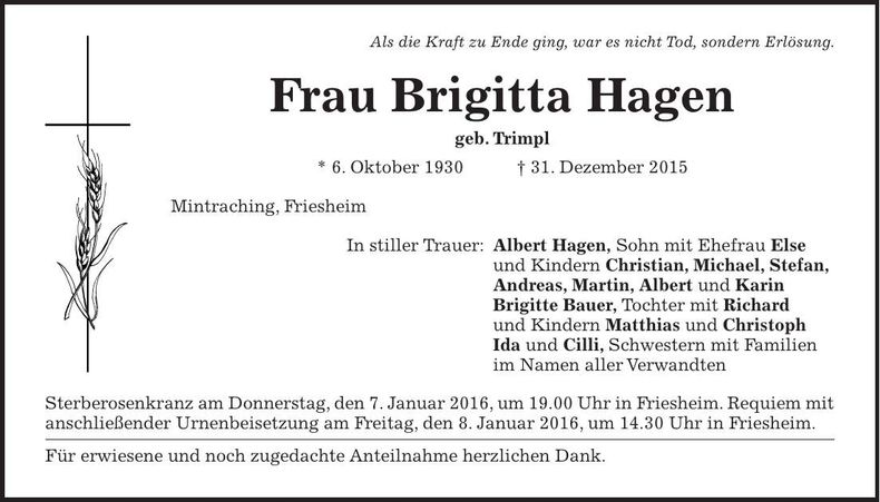 Traueranzeige Brigitta Hagen