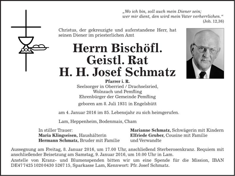 Traueranzeige Josef BGR H. H. Schmatz