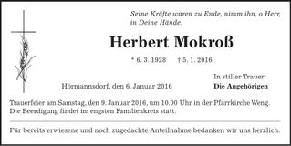 Traueranzeige Herbert Mokroß