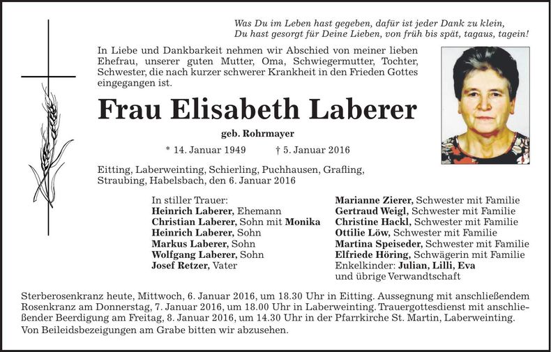 Traueranzeige Elisabeth Laberer