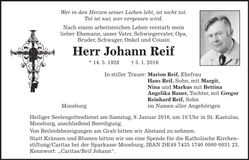 Traueranzeige Johann Reif